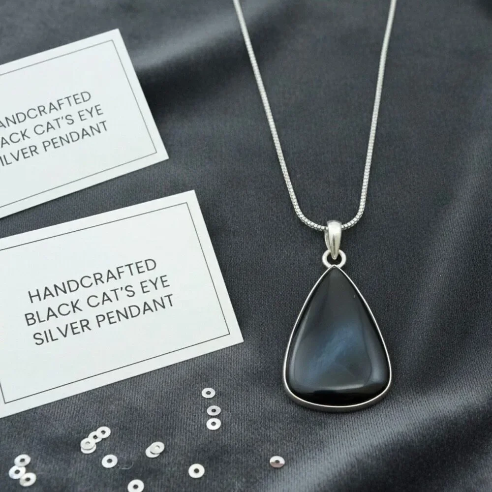 RARE Black Cat's Eye Pendant Necklace | Sterling Silver Teardrop Cabochon Stone